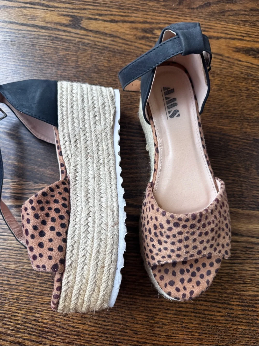 AMAS Leopard Print Brown Espadrille Wedge Sandals with Black Ankle Strap